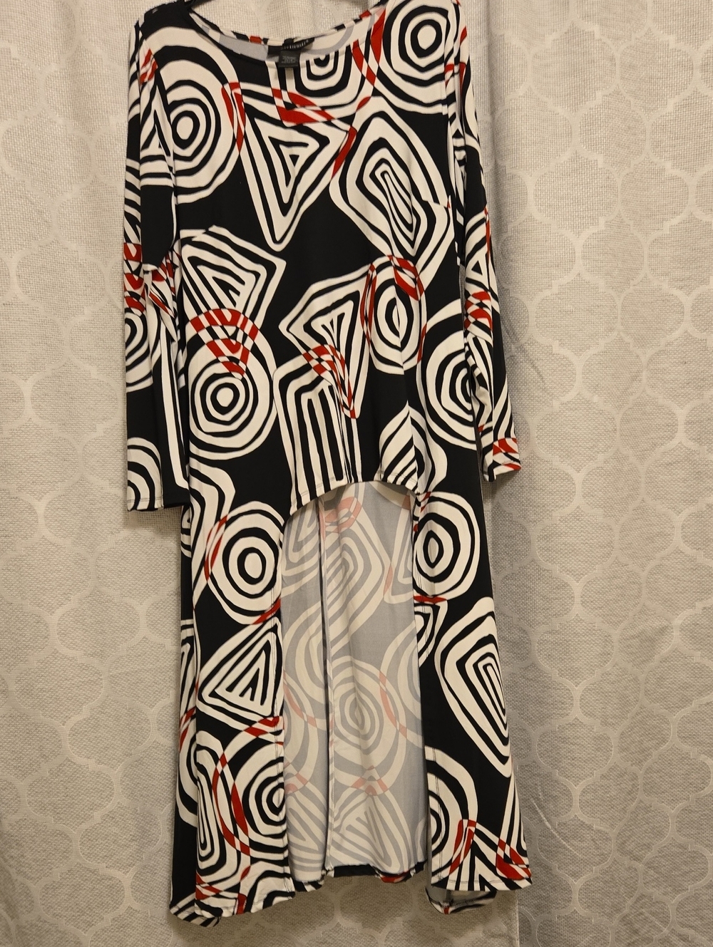 Ashley Stewart Black, White & Red Abstract High-Low Long Sleeve Dress